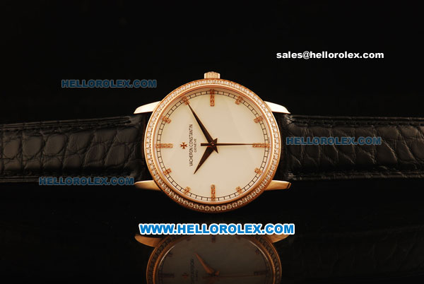 Vacheron Constantin Malte Swiss ETA 2836 Automatic Rose Gold Case with Rose Gold Diamond Bezel and White Dial-Alligator Strap - Click Image to Close